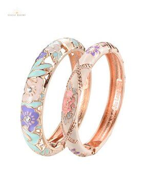 Cloisonne Enameled Rhinestone Hinged Cuff Bangle Bracelet Set
